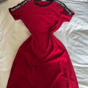 Calvin Klein Red A-Line Midi Dress with Raglan Sleeves